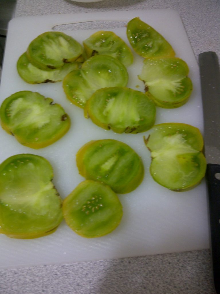 Sliced Aunt Ruby's German Green heirloom tomatoes fresh from my garden