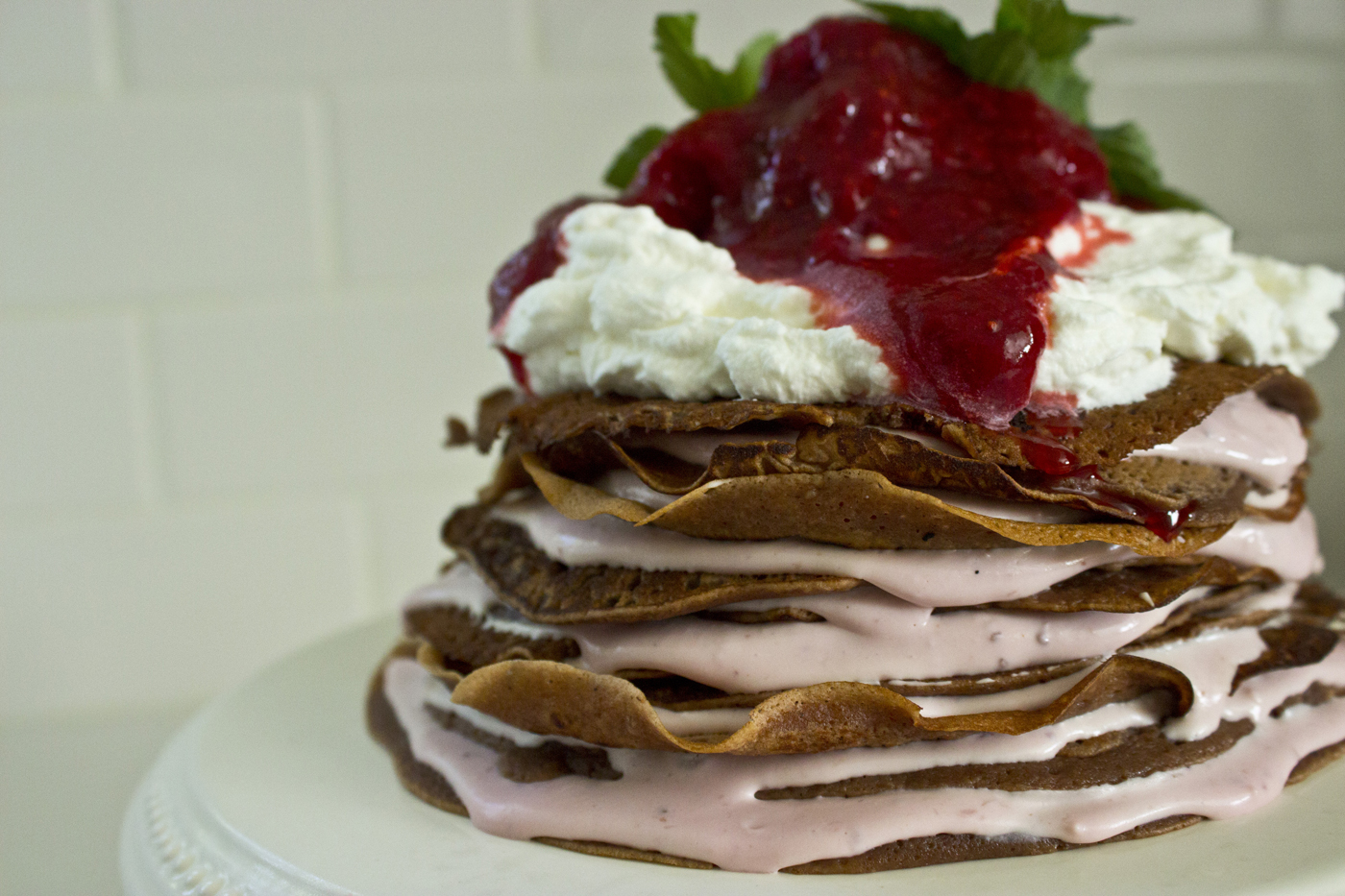 Chocolate Crepe Torte with Strawberry Cream Cheese Filling