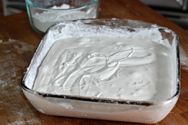 Pour the marshmallow mixture into the pan.