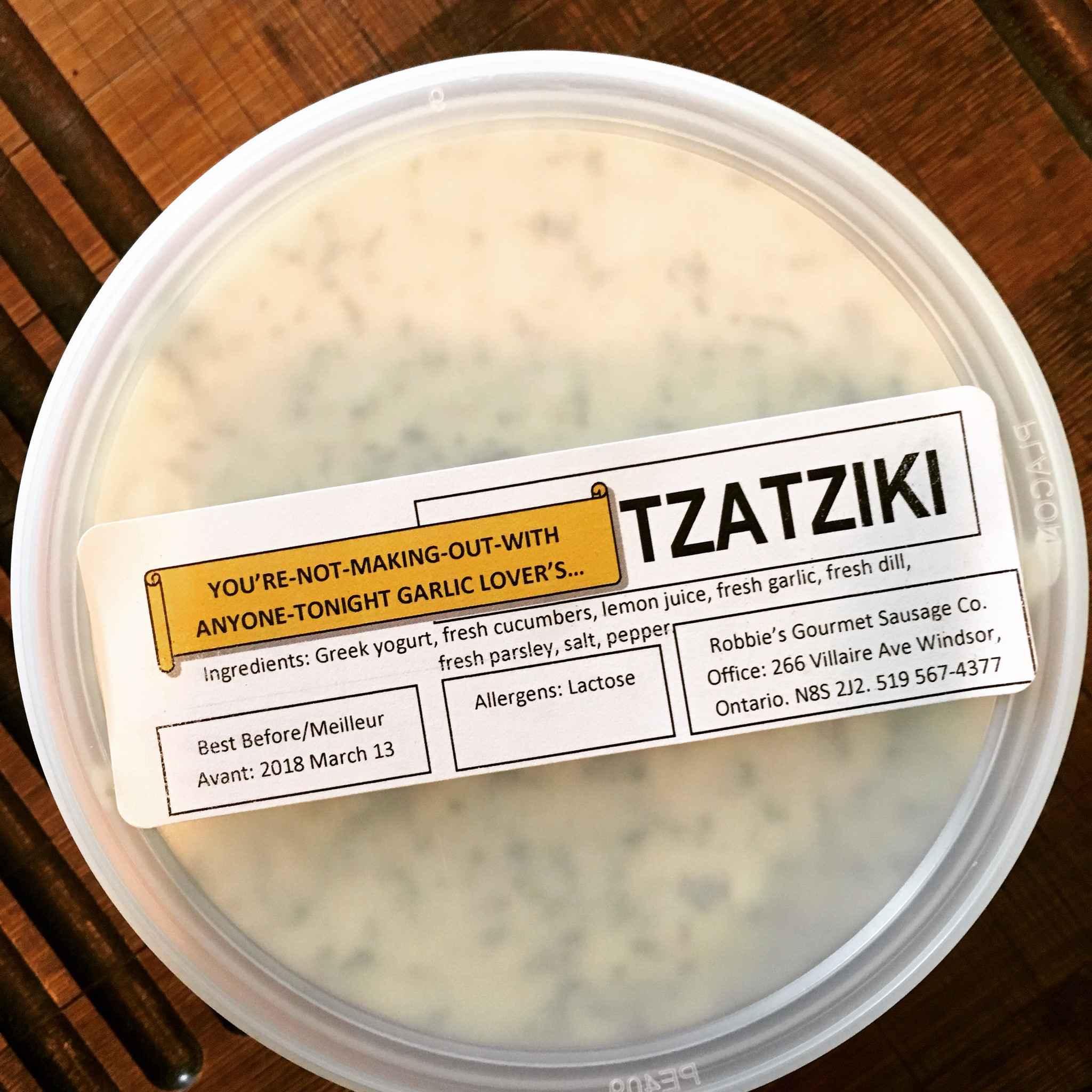 Fresh tzatziki made in house at Robbie's Gourmet Sausage Company.