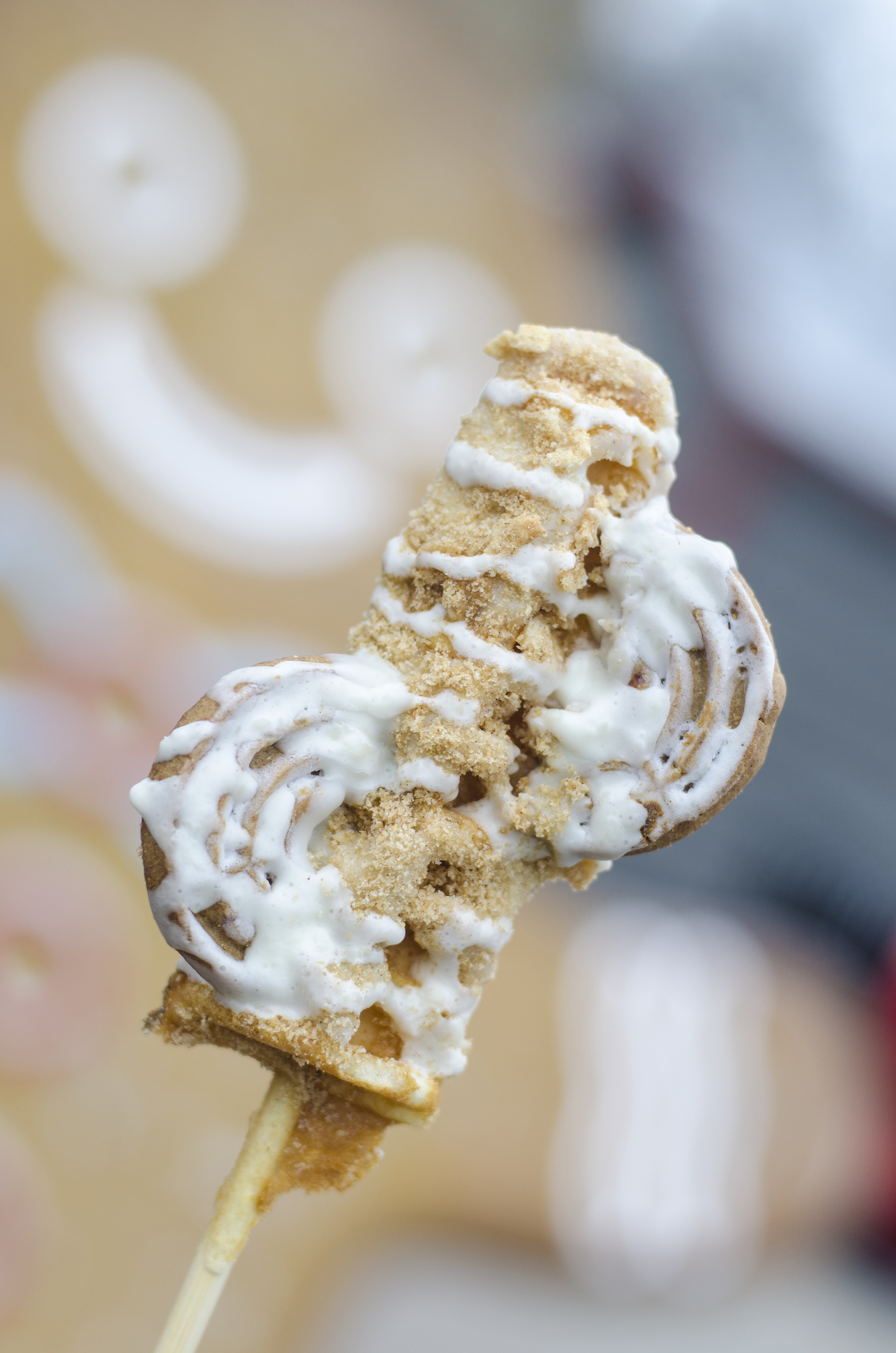 Our Cinnamon Roll Waffle is a cinnamon spice waffle dipped in white chocolate and coated with smashed cinnamon toast crunch cereal.