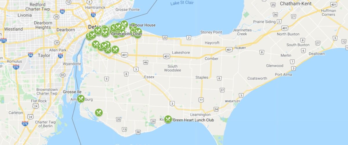 Map of Windsor-Essex restaurants using cardboard takeout packaging.