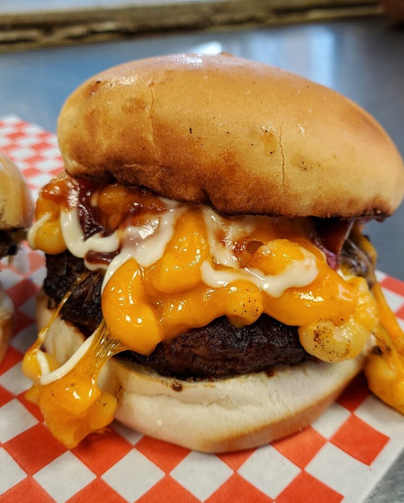 Mac n Cheese Burger from Smokies BBQ at the Outdoor Food Hall in Windsor, Ontario.