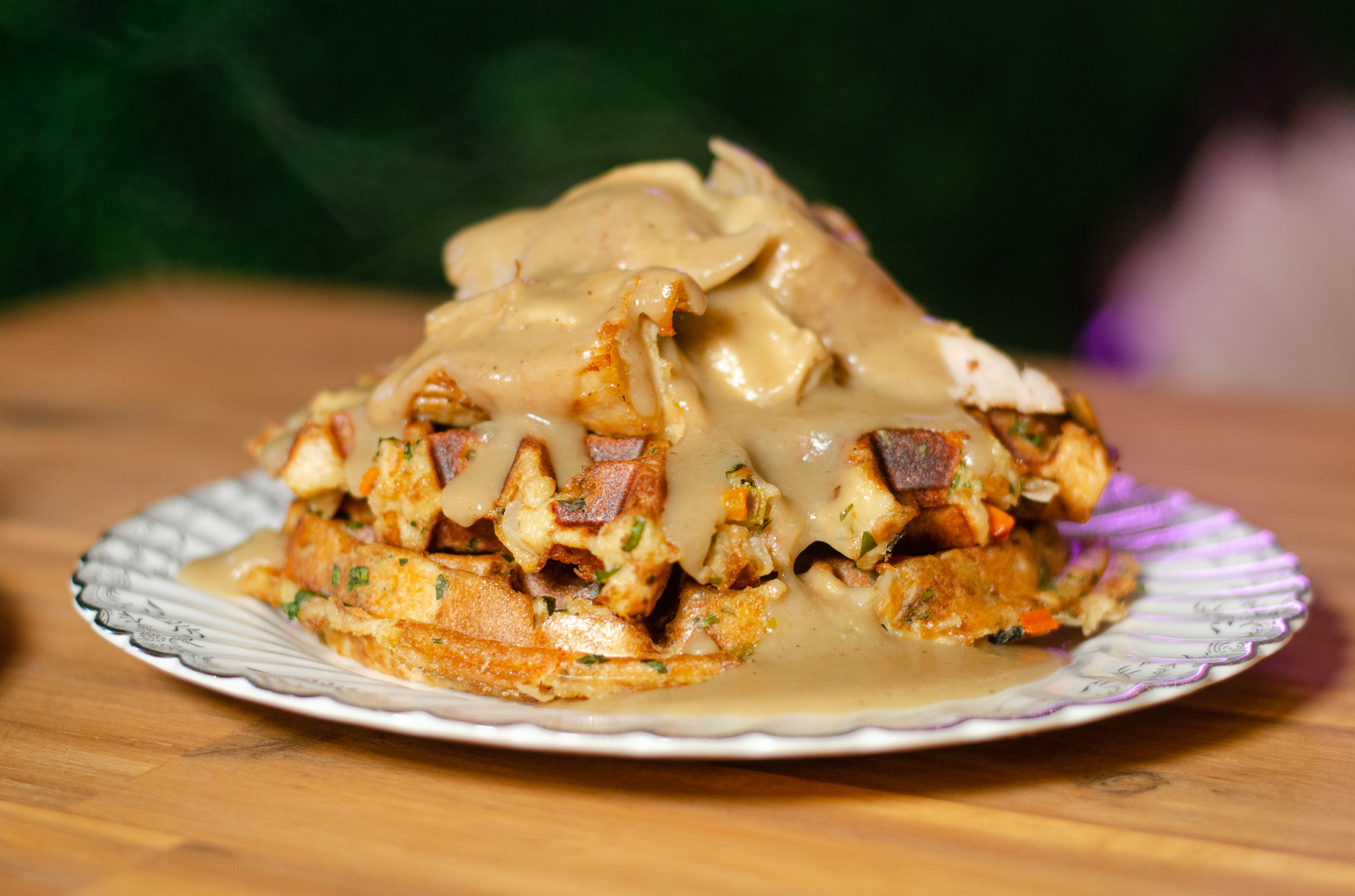 Stuffing waffles with turkey and gravy on the all day brunch menu at WindsorEats in Windsor, Ontario.